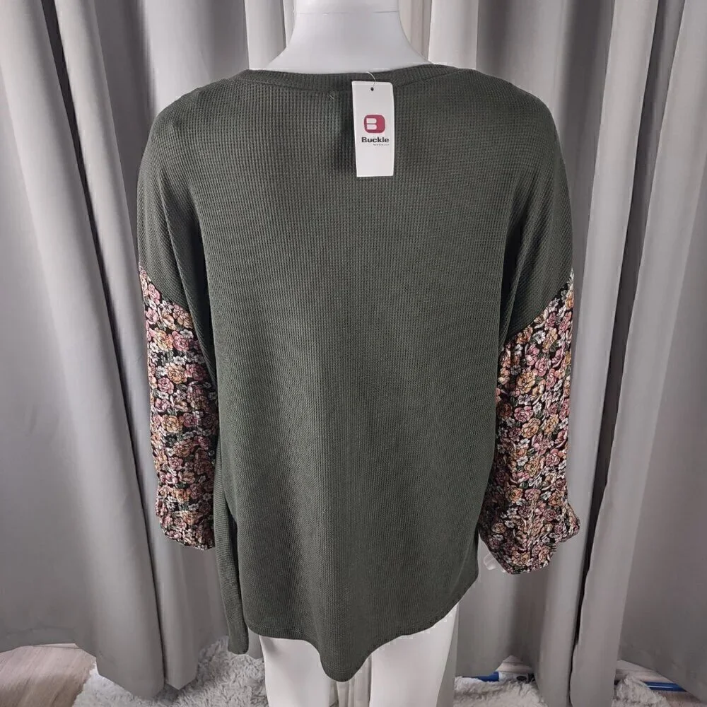 Daytrip Dusty Olive Mixed Media Free Spirit Floral Sleeve Side Tie Top Sz S (NWT - Picture 6 of 14